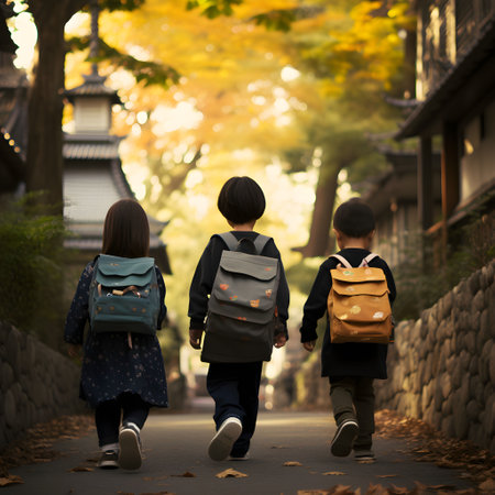 An AI generated illustration of Three young children, wearing colorful backpacks.の素材