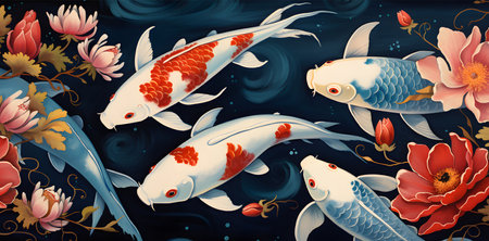 An AI generated illustration of a Koi Fish set against a backdrop of flowerの素材