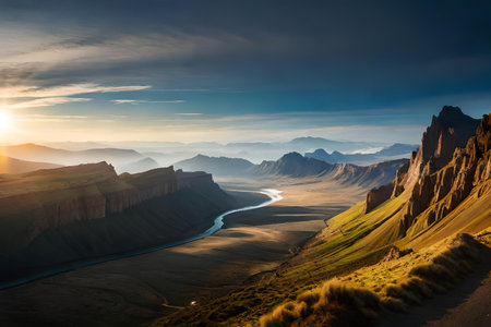 An aerial view of a winding mountain river surrounded by majestic peaks. AI-generated.の素材