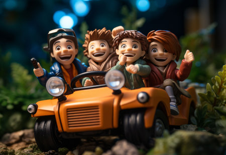 An AI generated illustration of a group of cartoon children gathered in an orange carの素材