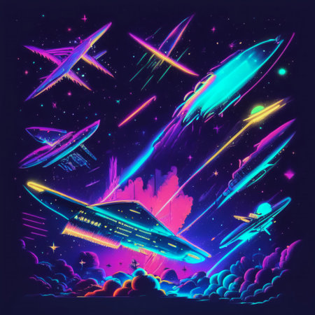 An AI generated illustration of an illuminated sci-fi spaceship in a cloudy skyの素材