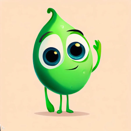 An AI-generated illustration of a cartoon green leaf with two large hands, positioned in a cheerful expression with two big blue eyesの素材