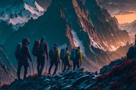 An AI generated illustration of a group of hikers enjoying the outdoors while backpacking on a mountain ridgeの素材
