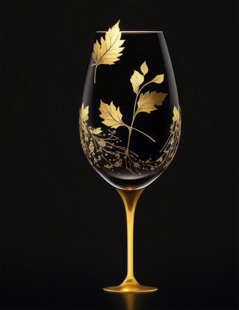 An AI generated illustration of a black wine glass with gold foliage designの素材