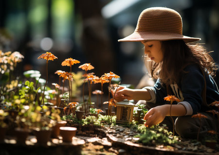 A little girl in a straw hat crouched beside the flowers, taking good care of them. Ai generatedの素材