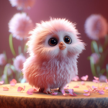 An AI generated illustration of a small fluffy pink bird perched atop a wooden boardの素材