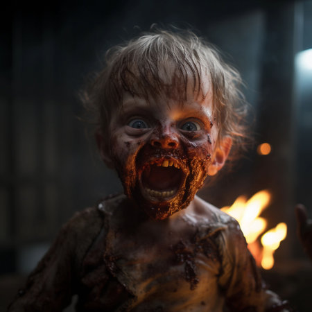 An AI generated illustration of A young child stands in front of a blazing bonfire, their face and clothing stained with bloodの素材