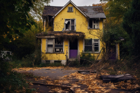 An AI generated illustration of a yellow-weathered wooden house in a forestの素材