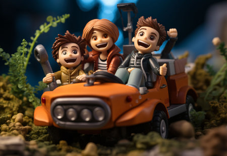 An AI generated illustration of a group of cartoon children gathered in an orange carの素材