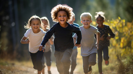 An AI generated illustration of Three young children, dressed in casual clothing, running and laughing in the sunshine in an outdoor park settingの素材