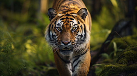 An AI generated illustration of a majestic tiger walking through a lush green forestの素材
