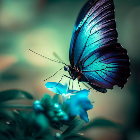 A stunning blue butterfly on a vibrant flower. AI-generated.の素材