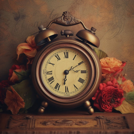 An AI generated illustration o a vintage clock surrounded by roses on a wooden surfaceの素材