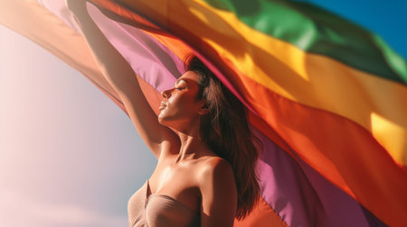 An AI-generated illustration of a woman proudly holding a billowing pride flagの素材