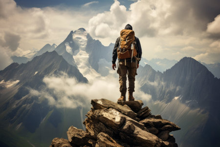 The man stands atop a rocky outcropping with a backdrop of mountains in the distance. AI-generated.の素材