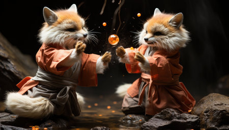 An AI generated illustration of Two red foxes, wearing orange robes, are perched atop a rocky landscape, looking directly into the cameraの素材