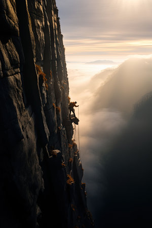 A person scaling a steep cliff face in a sun-soaked atmosphere, shrouded in fog, AI-generated.の素材