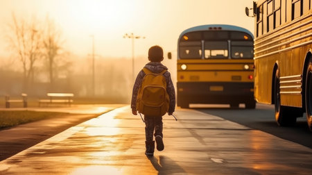 An AI generated illustration of a little school boy walking towards yellow school bus during a warm sunriseの素材