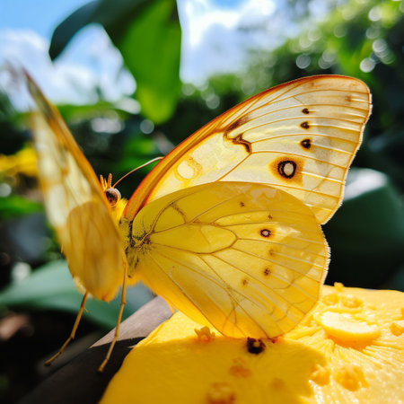 An AI generated illustration of a yellow butterfly perched on a plantの素材