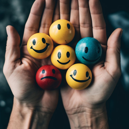 An AI generated illustration of the hands of a person holding small colorful balls with smiley and sad facesの素材