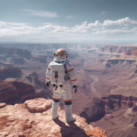 A space explorer stands at the edge of a steep rocky cliff looking at the canyon. AI-generated.の素材