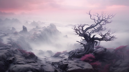 A majestic barren tree standing against a misty mountainous landscape, AI-generatedの素材