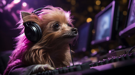 An AI generated illustration of A brown dog wearing headphones with a blurry backgroundの素材