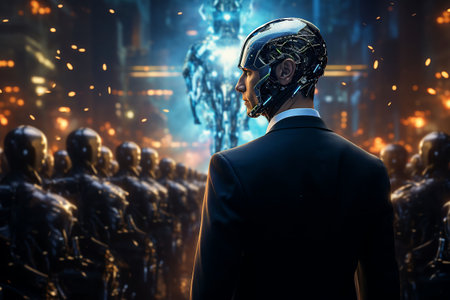 A humanoid robot in a business suit surrounded by other robots. Future, robotics. AI-generated.の素材