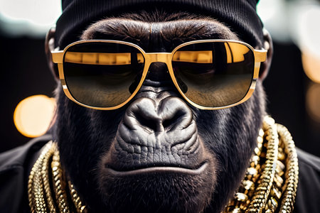 An AI generated illustration of a gorilla wearing a pair of glasses with gold chains draped around its neckの素材