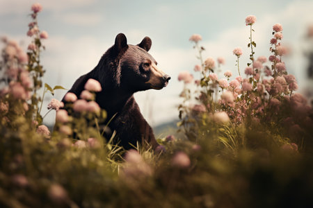 A dark brown bear standing in a lush meadow full of pastel pink flowers, AI-generatedの素材