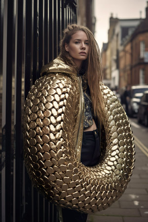 A female model wearing a stylish metallic gold jacket standing on a city street, AI-generated.の素材