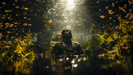 A mature man seated in a tranquil pond surrounded by illuminated flora. Ai generatedの素材
