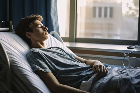 An AI-generated illustration of A male patient  in a hospital bed in a room with a natural light windowの素材