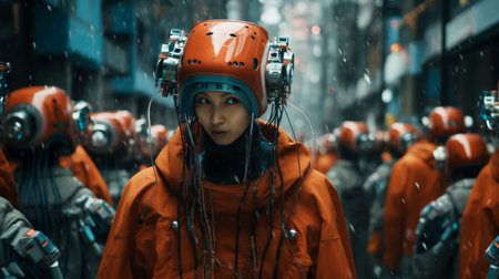 An AI-generated illustration of a diverse group of people wearing robotic costumes and bright orange helmetsの素材