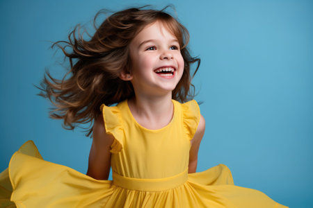 An AI generated illustration of a cheerful young girl wearing a yellow dress stands in front of a light blue background, her hair blowing in the windの素材