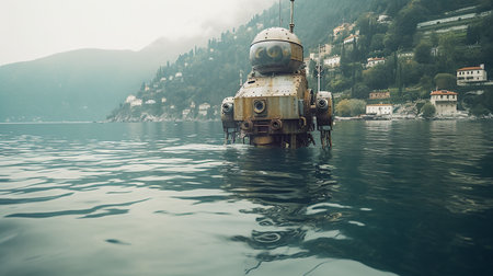 An AI generated illustration of a mechanical device floating in water with buildings in the backgroundの素材