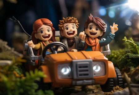 An AI generated illustration of a group of cartoon children gathered in an orange carの素材