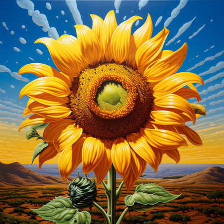 An AI generated illustration of a single sunflower with a bright yellow petal and a dark brown center, standing in a fieldの素材