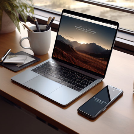 An AI generated illustration of a modern laptop and a phone on a a wooden tableの素材