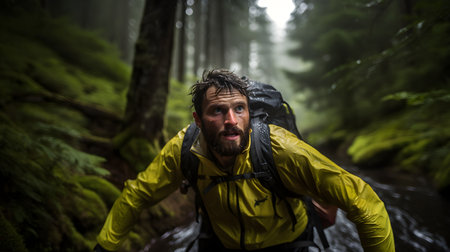 An AI generated illustration of a tired hiker in a rainjacket with a backpackの素材