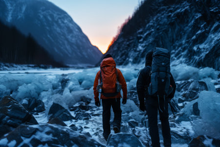 An AI generated illustration of Two adventurers are making their way across a rugged mountain landscape, walking along a glacial streamの素材