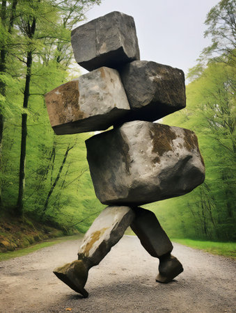 An AI generated illustration of a figure made of stone blocks walking on a pathway in the forestの素材