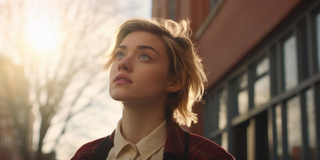 An AI generated illustration of A young woman wearing a red jacket looking up to the skyの素材