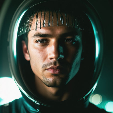 An AI generated illustration of Close-up of a person wearing a silver space helmet, ready for a space missionの素材