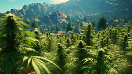 An AI generated illustration of cannabis plants growing in an outdoor fieldの素材