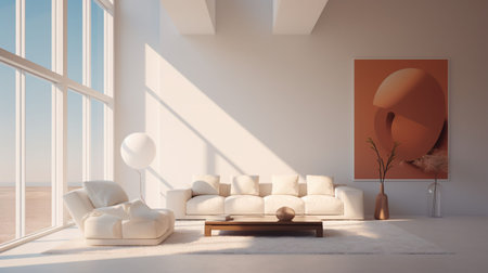An AI generated illustration of A spacious living room featuring a white sofa and a large abstract painting on the wallの素材