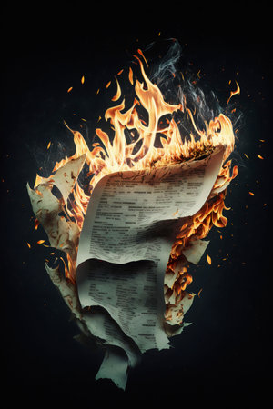 An AI generated illustration of A black background with a newspaper page and paper engulfed in flamesの素材