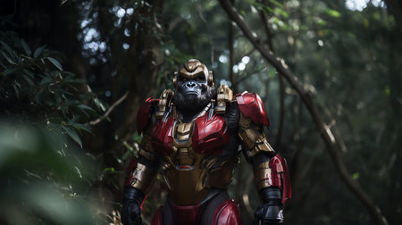 An AI generated illustration of A robotic figure is featured in an outdoor environment.の素材