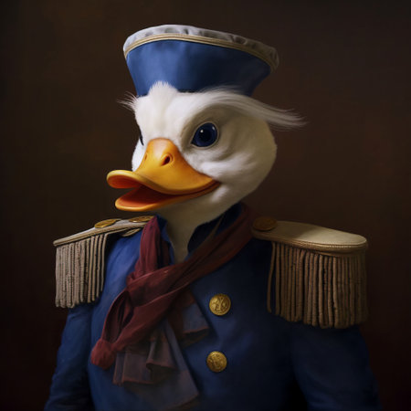 An AI generated illustration of a duck dressed in an official uniform on a black backgroundの素材