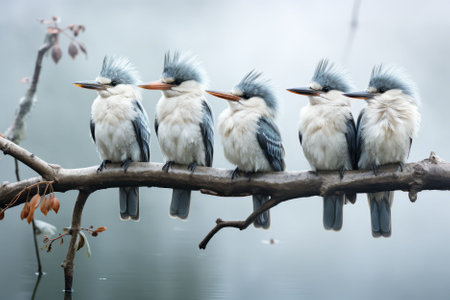 An AI generated illustration of a row of birds perched on a tree branchの素材